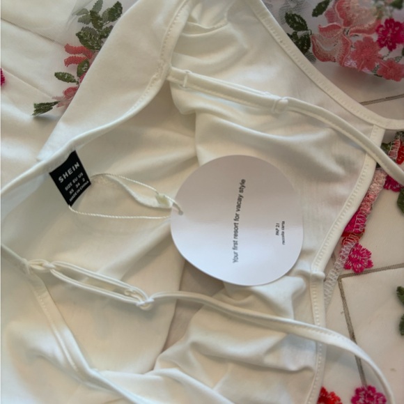 Floral embroidered dress sheer white short sleeve spaghetti strap coverup party - Picture 12 of 13